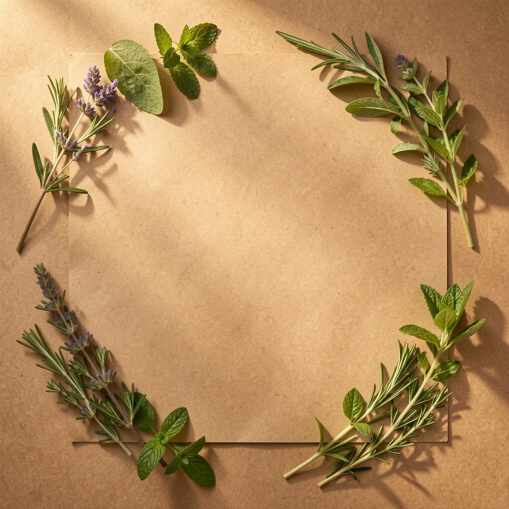Overhead view of a weekly meal plan laid on kraft paper with handwritten notes, fresh herbs arranged alongside, under warm morning studio lighting