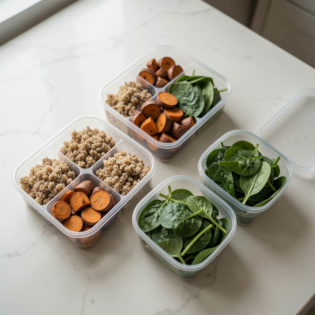 A flat-lay arrangement of meal prep containers filled with portioned cooked grains, roasted root vegetables, and leafy greens on a pale kitchen counter under soft window light