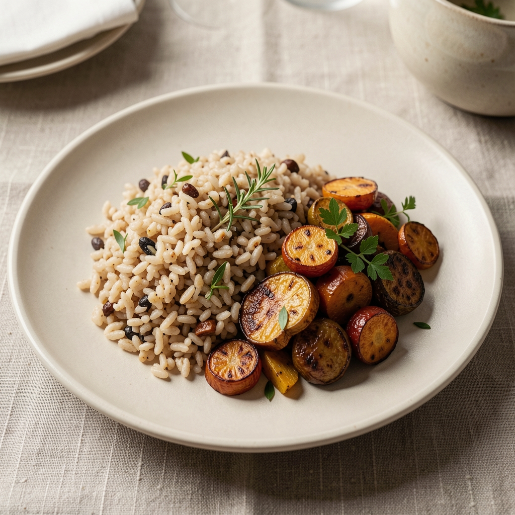 Close-up of a well-composed dinner plate featuring grains, roasted vegetables in earth tones, and herbs on a pale ceramic plate against a linen tablecloth