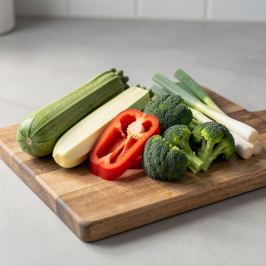 A wooden chopping board with a varied selection of freshly prepared raw vegetables including courgette, red pepper, broccoli florets and spring onions, under neutral kitchen light