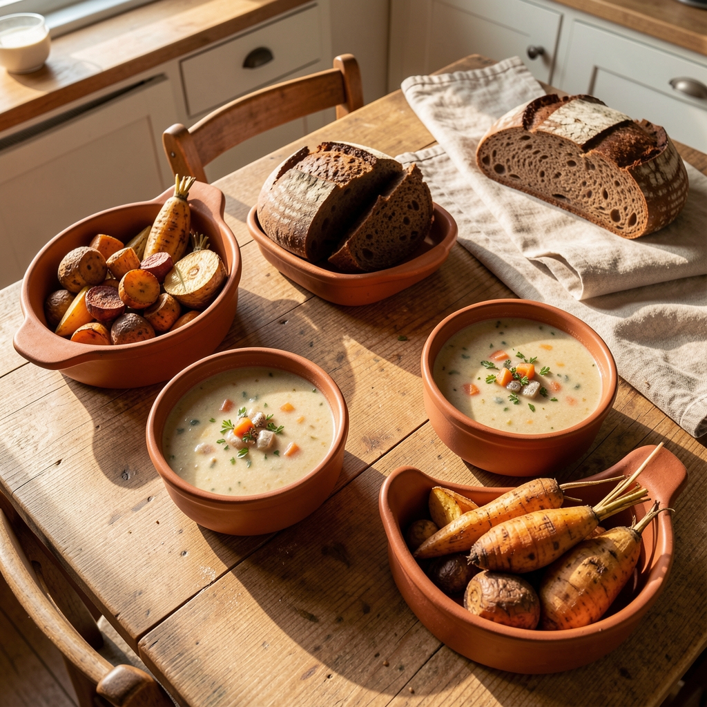 A wooden kitchen table set with bowls of winter soup alongside dark bread and roasted root vegetables in terracotta serving dishes, photographed from above under warm afternoon indoor light