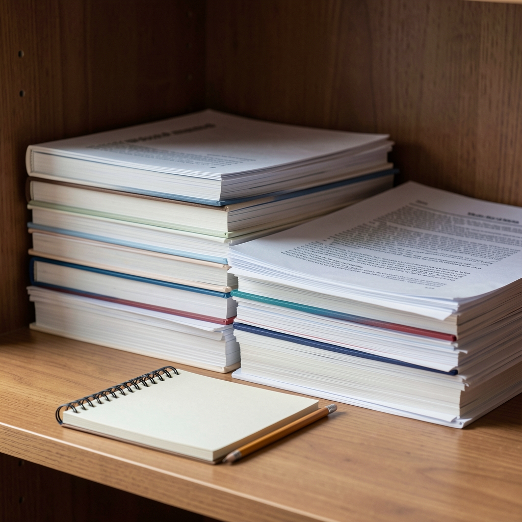 A close view of stacked journals and printed research papers on a wooden shelf with a small notebook and pencil in the foreground