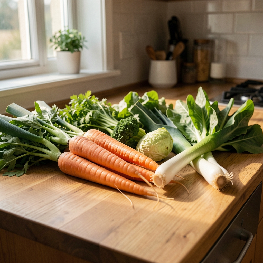 Wooden kitchen counter with an organised arrangement of fresh vegetables including carrots, leeks, and leafy greens under soft morning window light